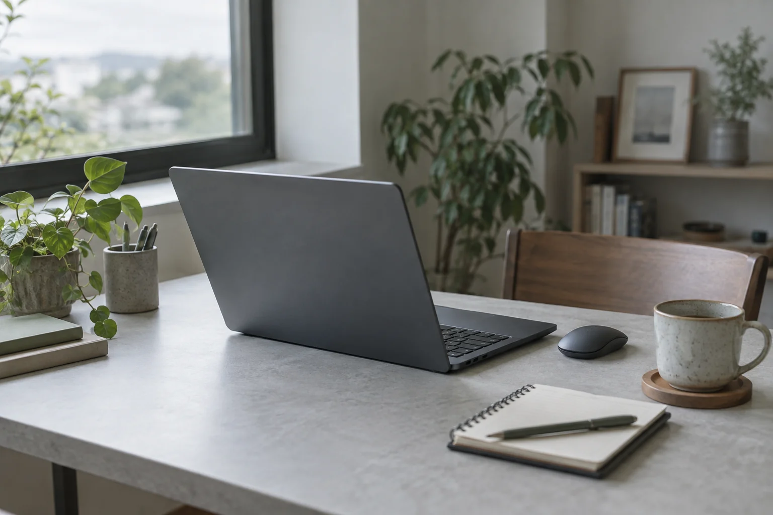 窓辺のデスクに置いた汎用ノートPCとノートのイメージ